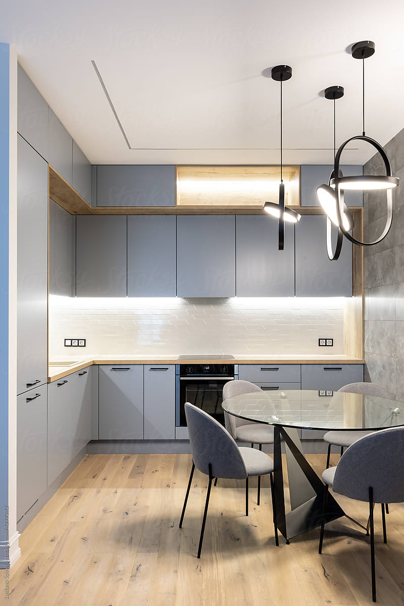 Minimalist kitchen with different light setups