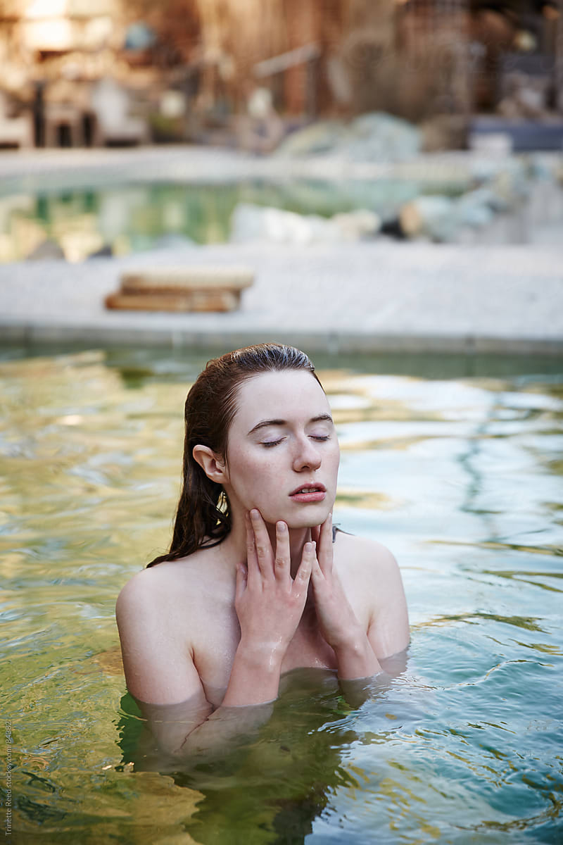Woman relaxing in Japanese hot springs and spa