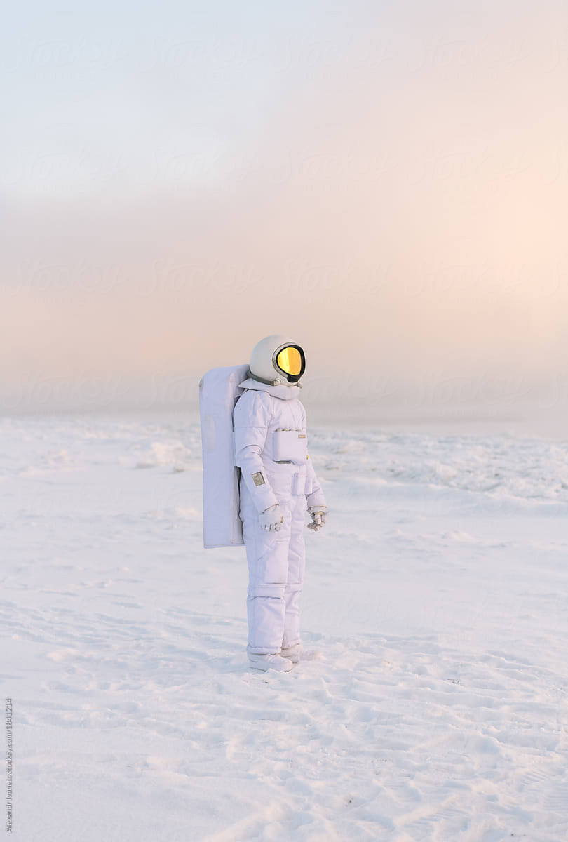 Astronaut standing in winter field