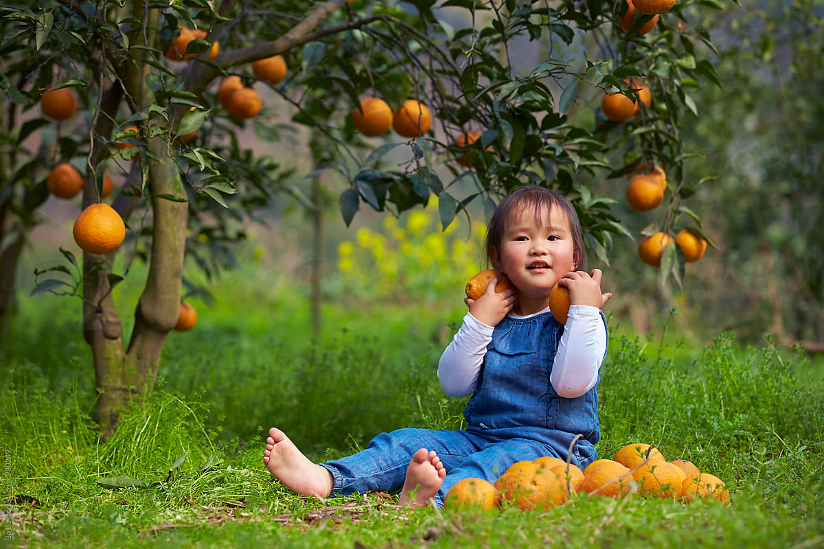 lovely little asian girl in the orange farm with her mother