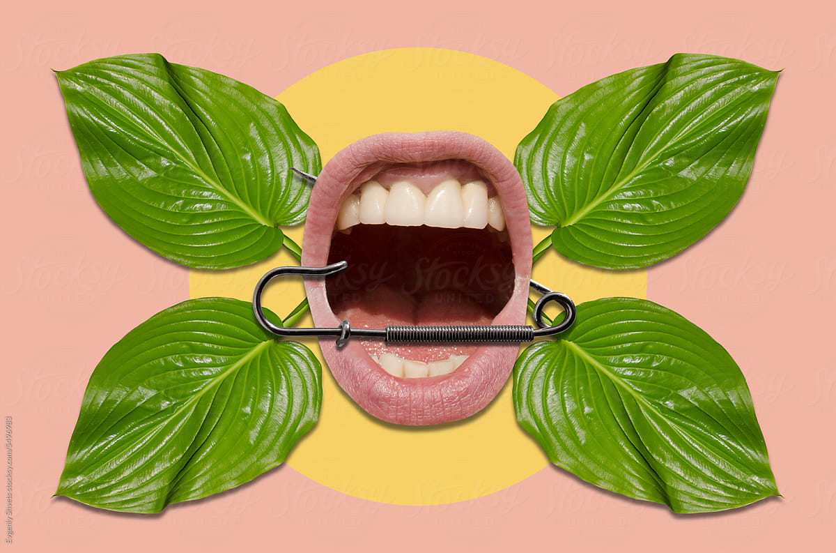 Collage with mouth, safety pin and leaves