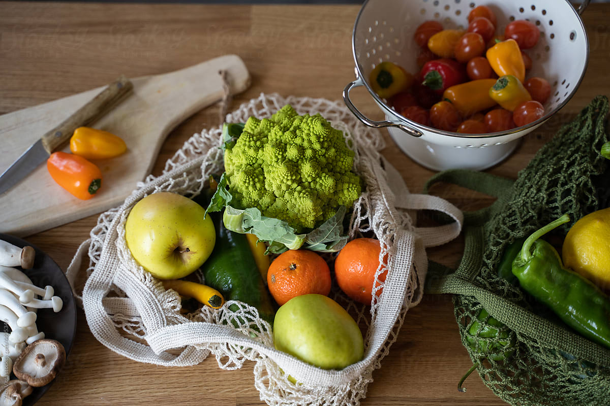 Top view of healthy vegetables and fruit on table