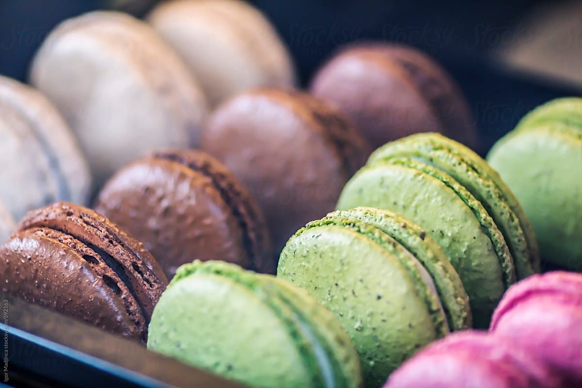 Colorful macaroons in natural light close up
