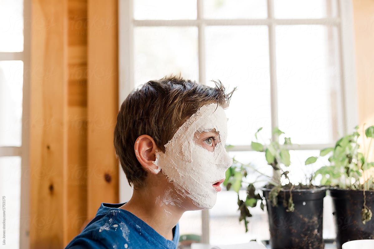 boy with DIY plaster mask