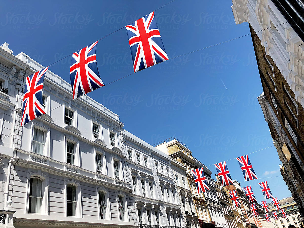 Street in London, festooned with Union Jack flags.