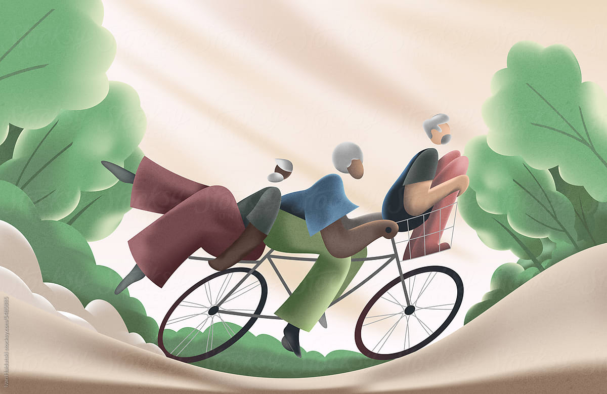 Diverse mixed race old men riding bicycle enjoying retirement life