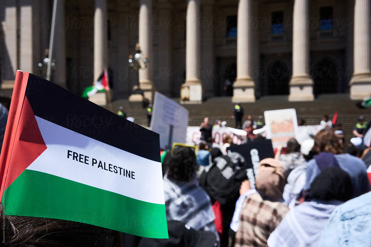 Flag at protest with \'Free Palestine\'