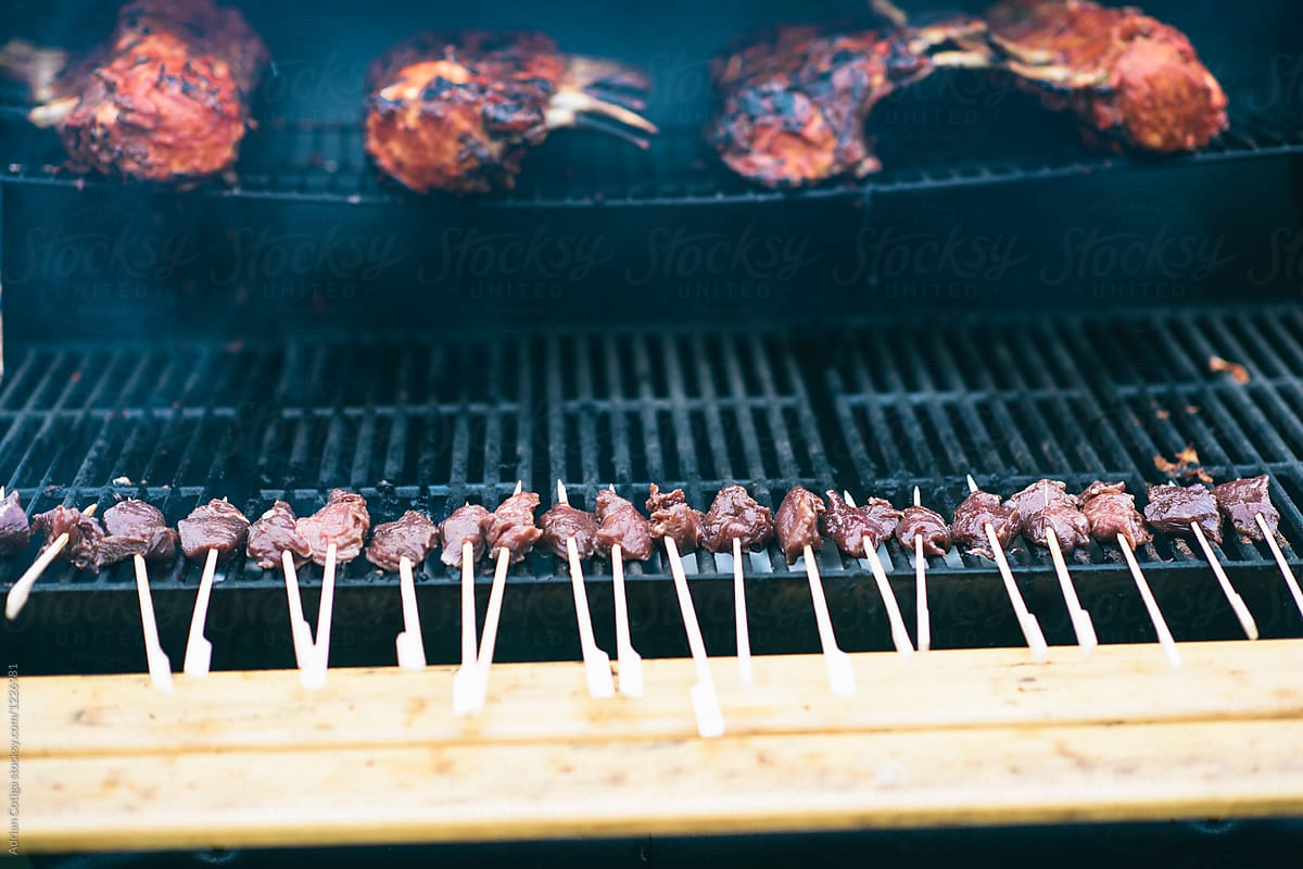 Cooking the steak on barbeque, roasted skewers