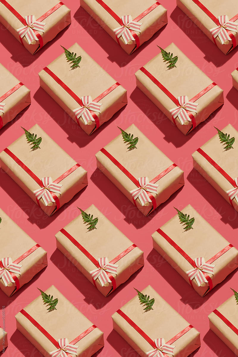 Christmas gift box on a red background. Pattern