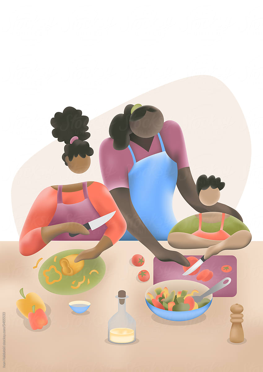 black mother cooking with her mixed race family, celebrating diversity