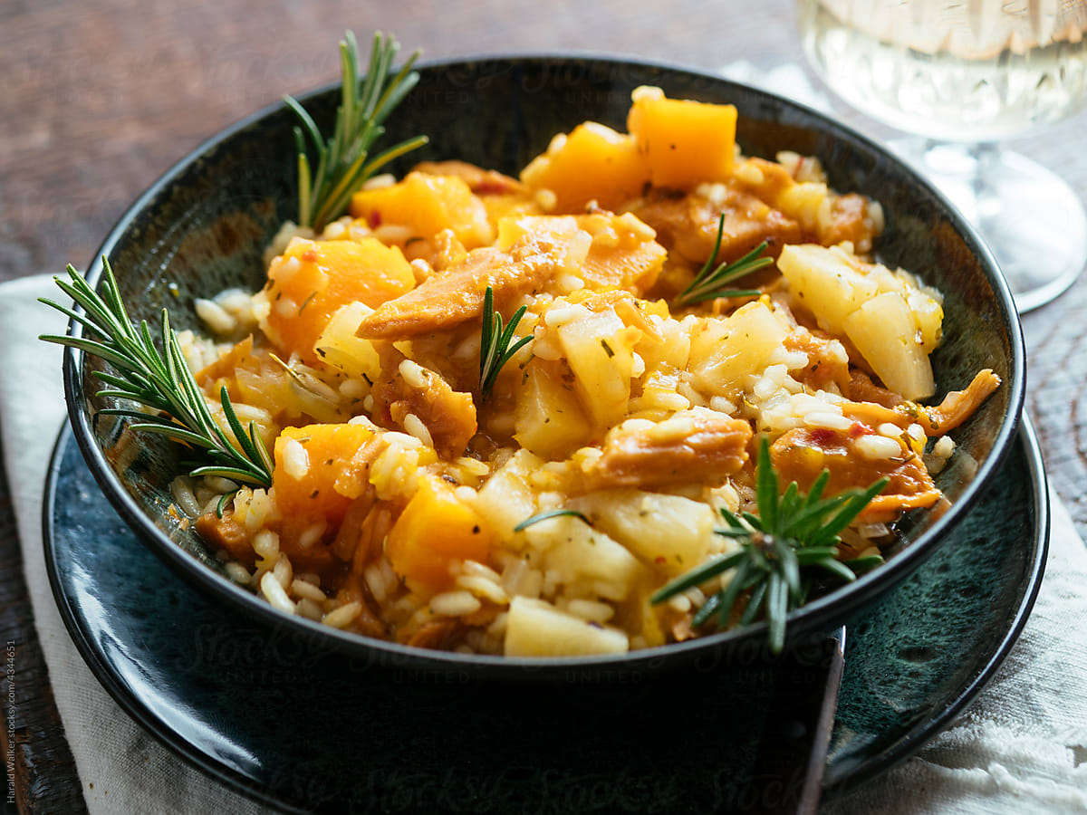 Risotto with Winter Squash, Vegan Protein and Pineapple Pieces