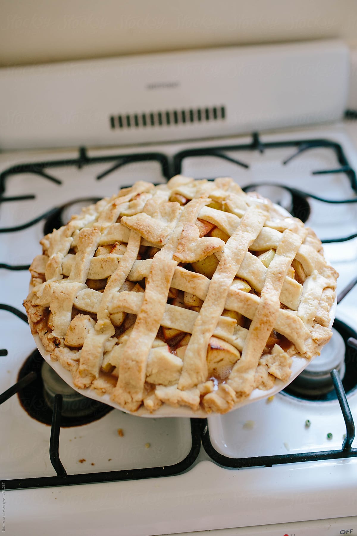 Baked apple pie sits on stove top