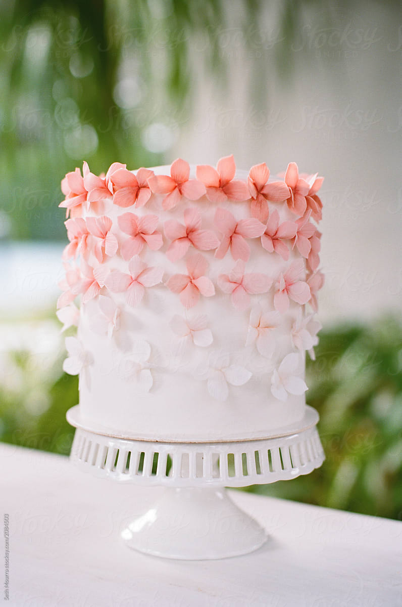 Close up of pink and white Ombre wedding cake