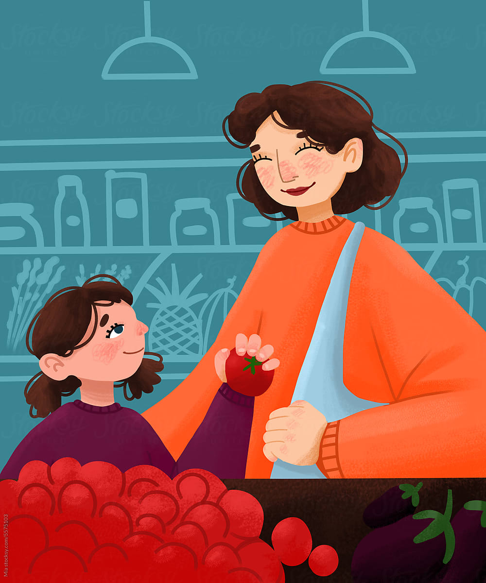 a mother and her young daughter shopping for fresh vegetables