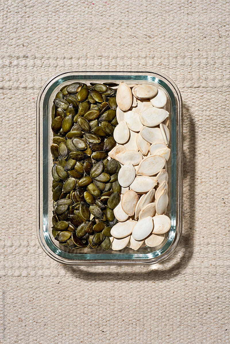 pumpkin seeds in a glass container