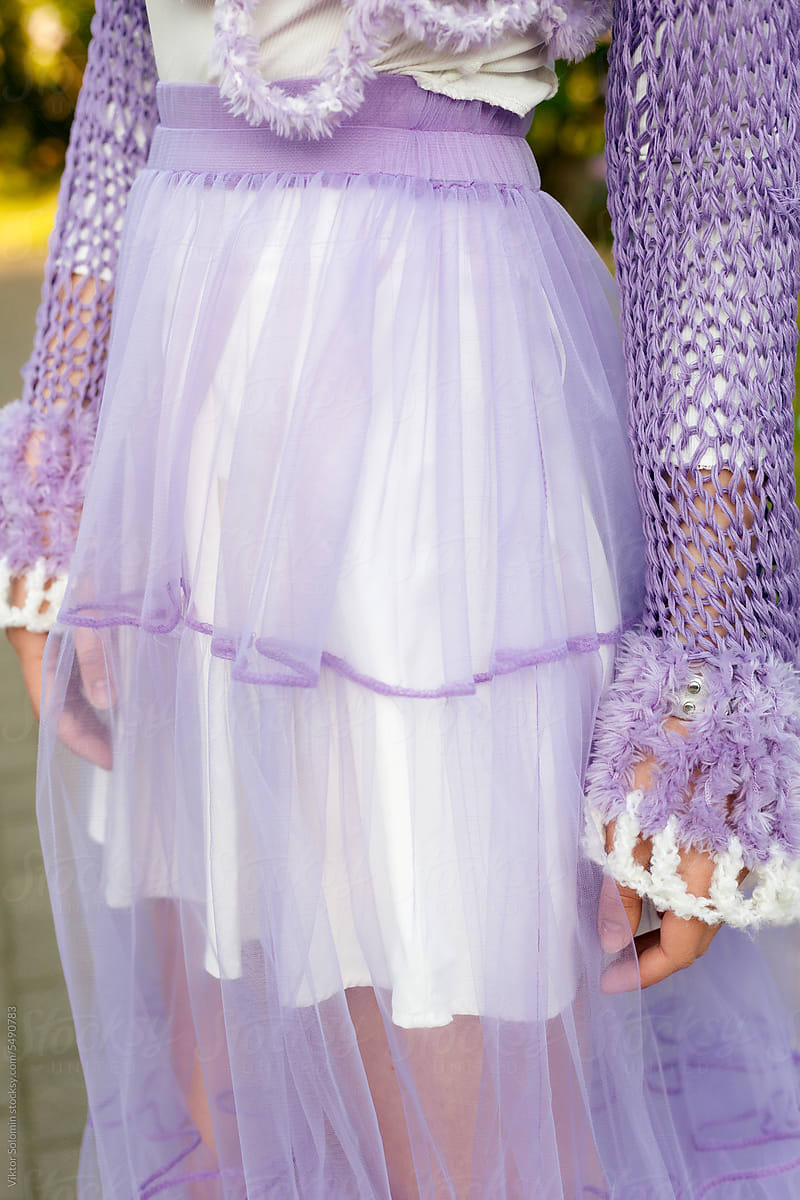 Unrecognizable woman in violet wedding dress
