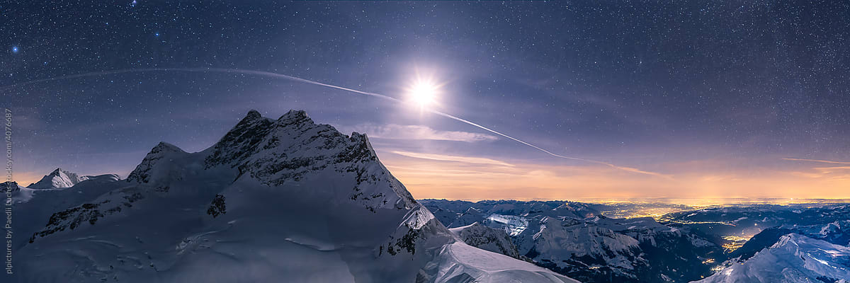 Moonlight panorama in the alps