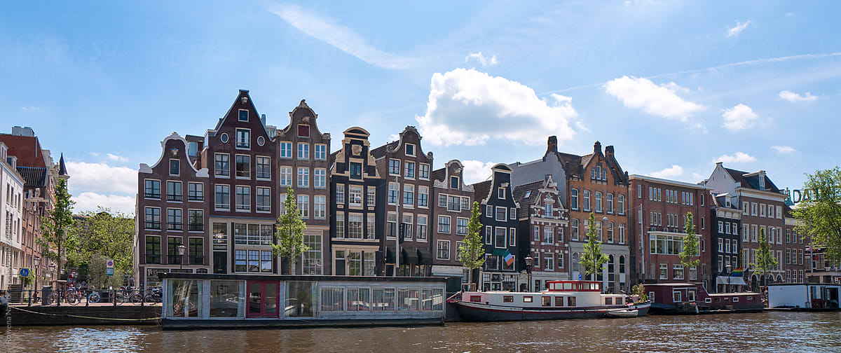 Panorama of famous Dutch Canal Houses in Amsterdam
