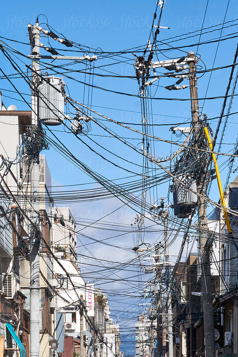 Overhead power lines in small Japanese town