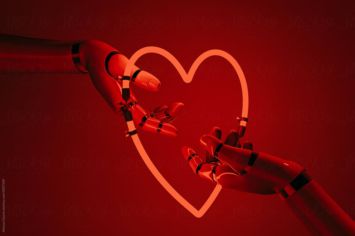 Robot hands holding a Neon heart