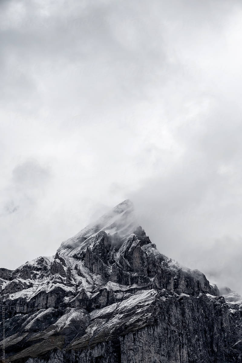 An Alpine mountain range covered in snow in Switzerland.