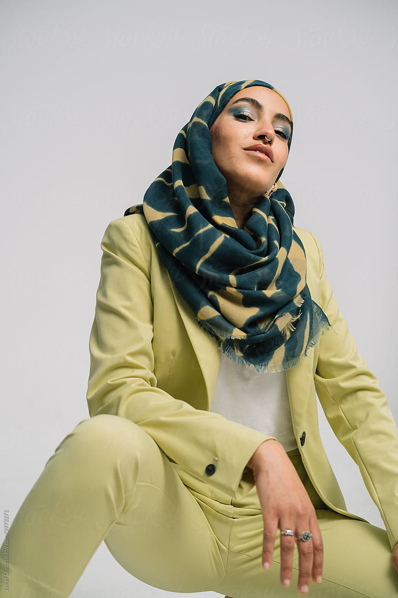 Elegant muslim  female model in stylish suit and hijab
