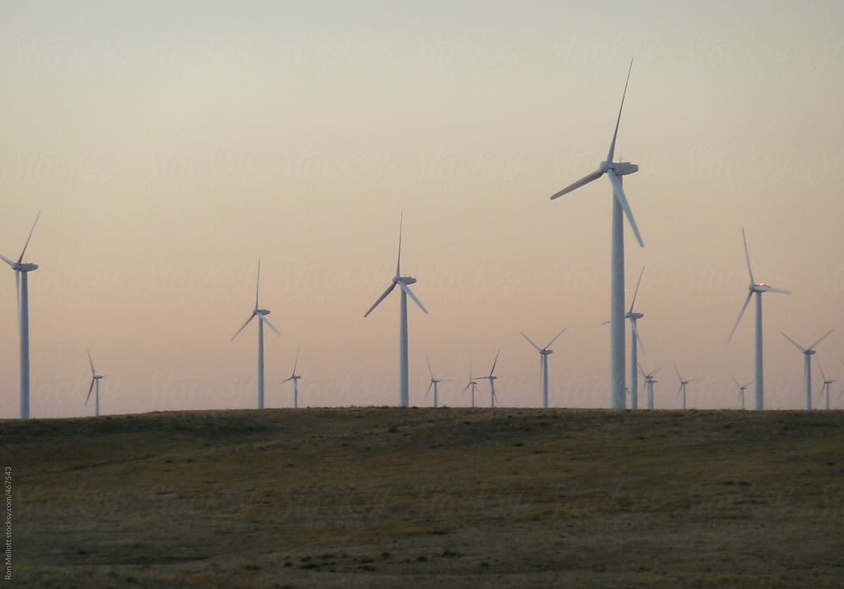 wind generators windmills post-sunset on the Pawnee National Grassland, Colorado