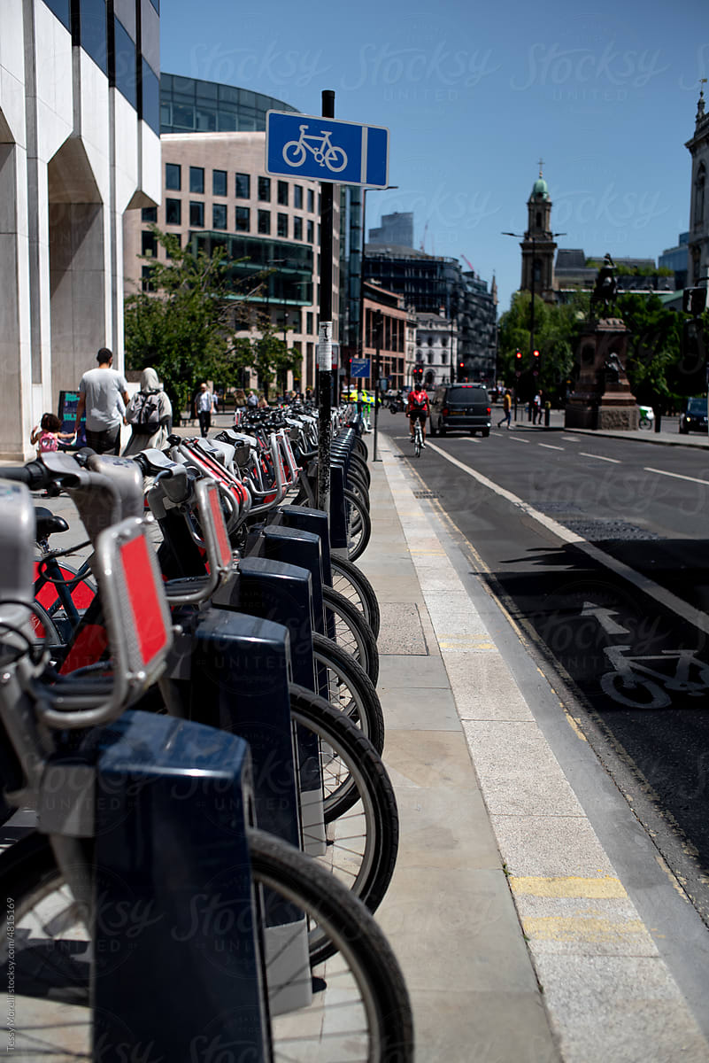 London city street with rental electric bikes