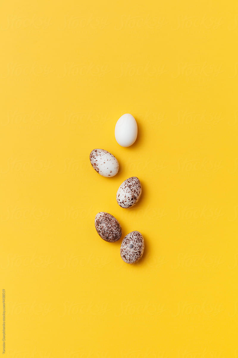 Easter quail eggs arranged on yellow background