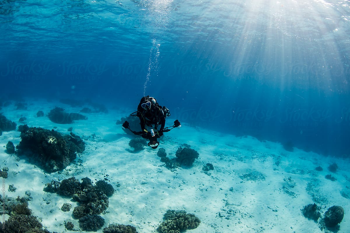 underwater photographer under surface with sunlight