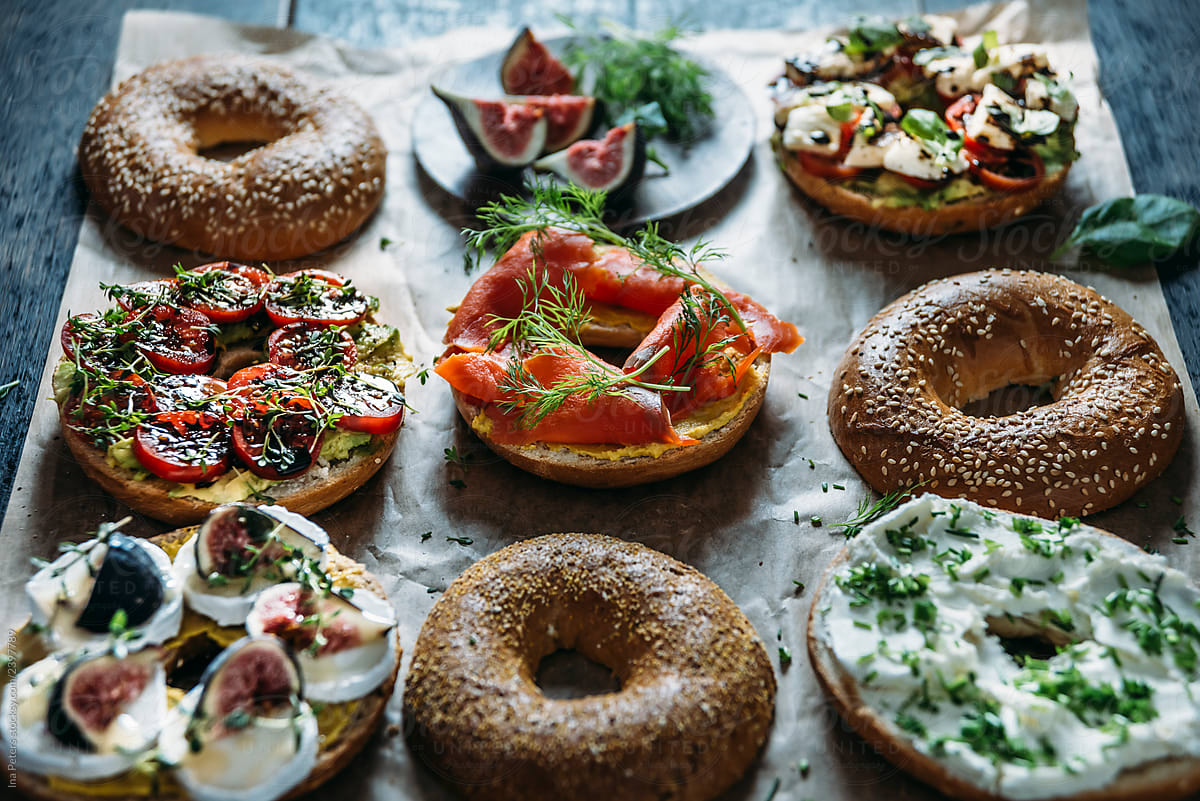 Food: Bagels with different spreads and toppings