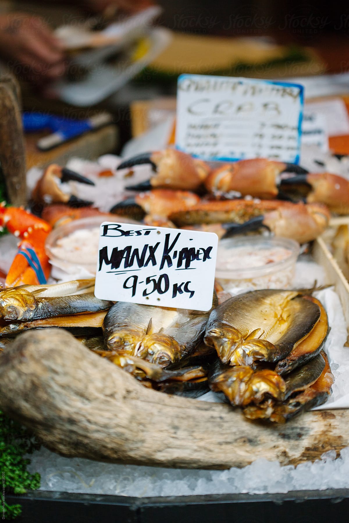 Manx kippers at a fish market.