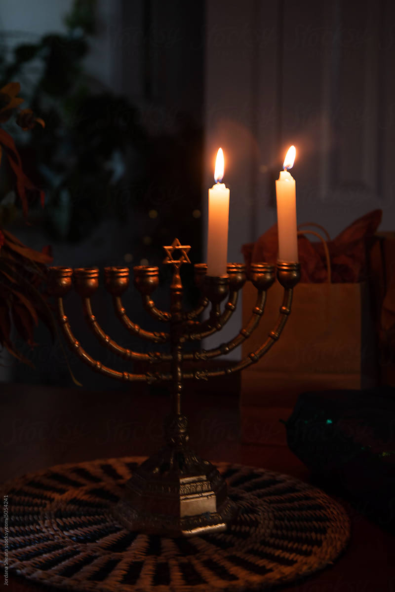 Hanukkah menorah with lit candles