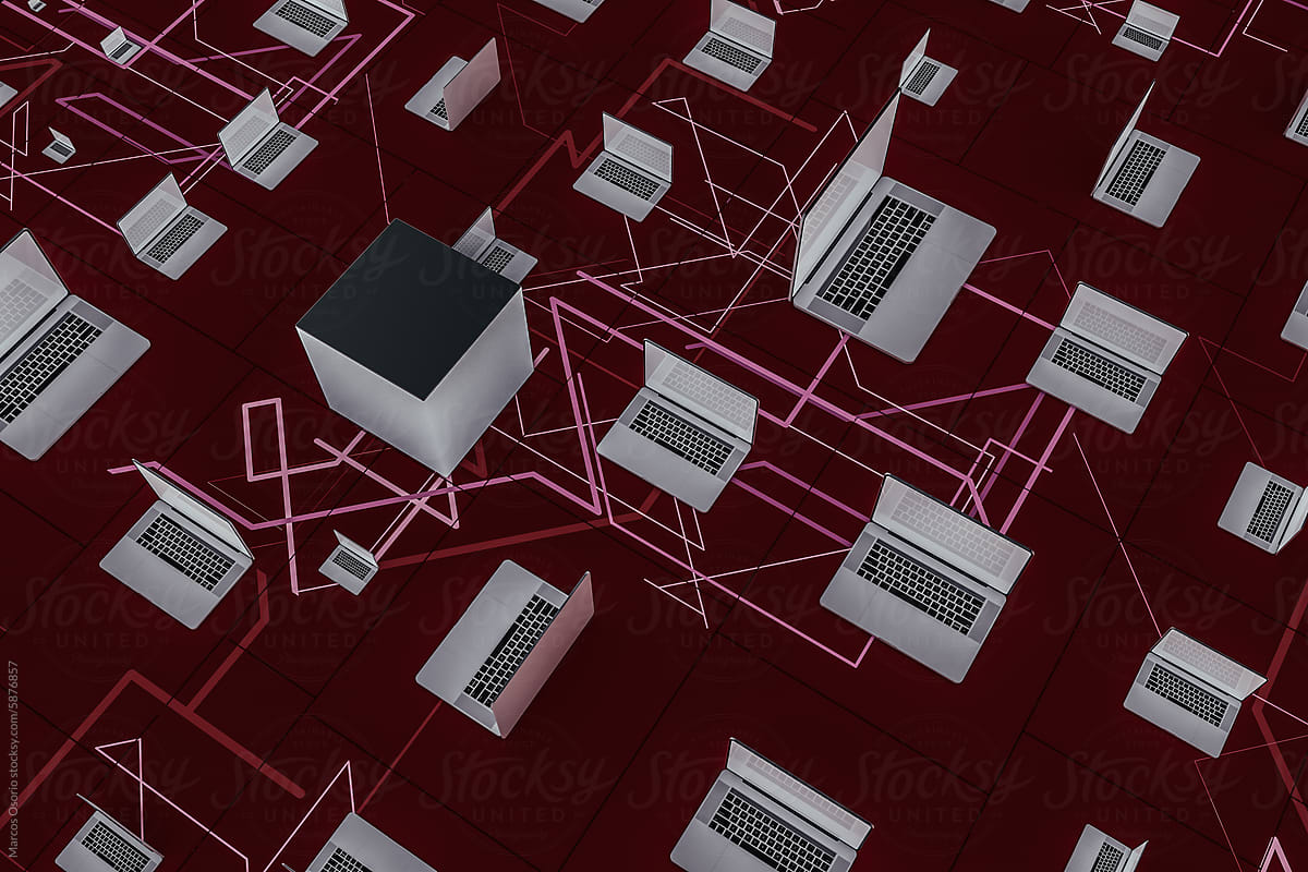 Network of Laptops on Red Background