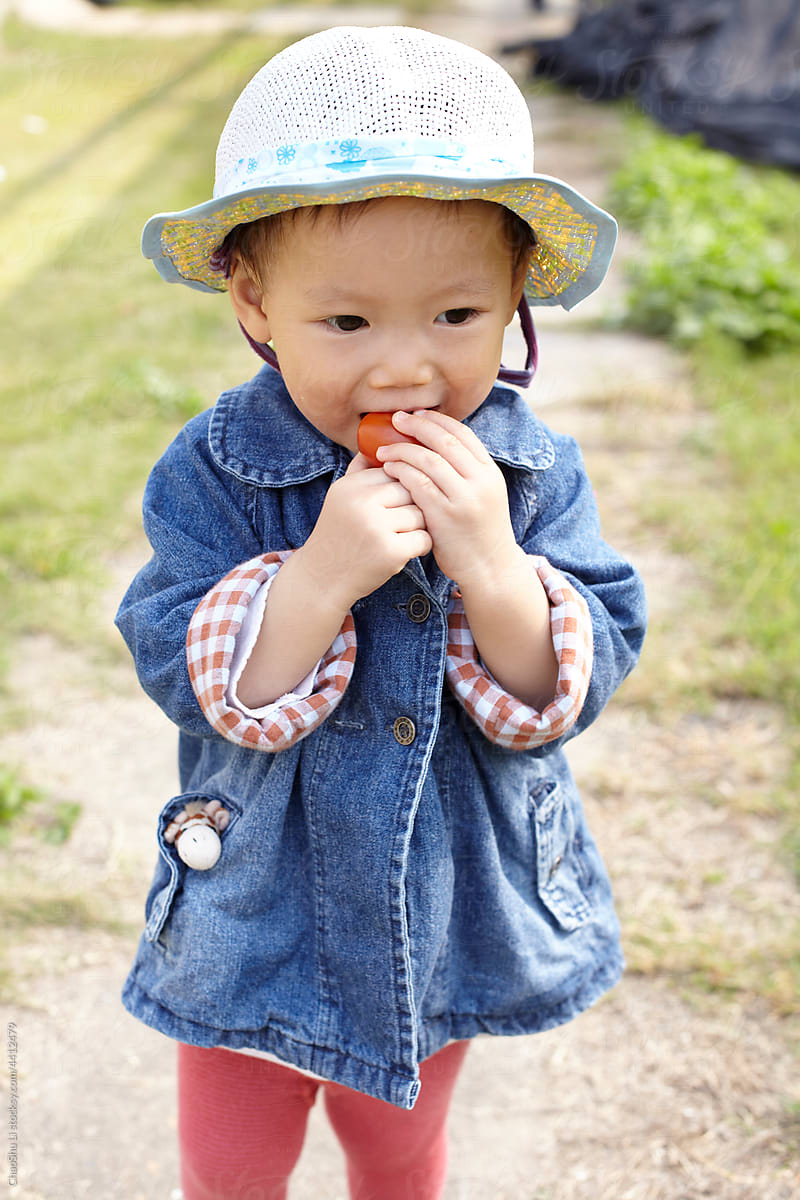 Cute asian kid in strawberry field