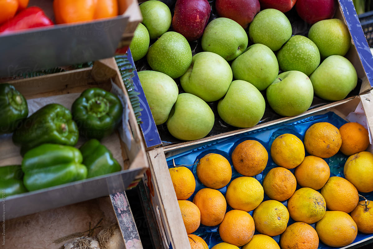 Assortment of fresh fruits at market in central Nafplio