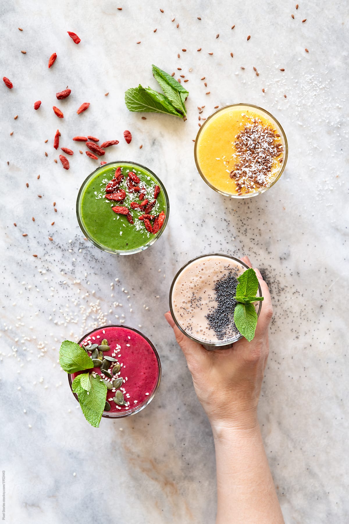 Different colors of healthy detox smoothies