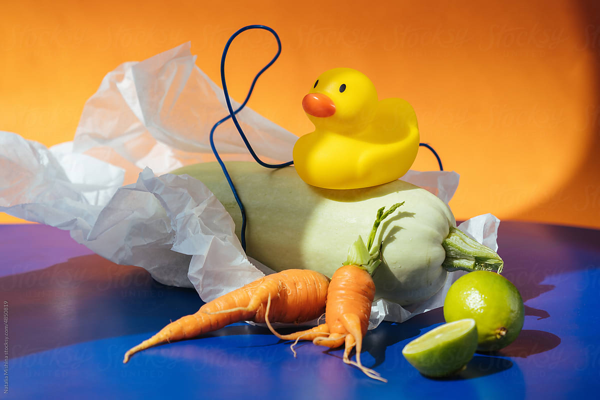 Modern still life with vegetables and rubber duck.