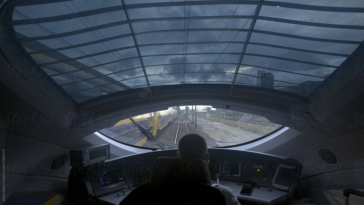 Train driver at ICE controls (intercity express railway), Netherlands
