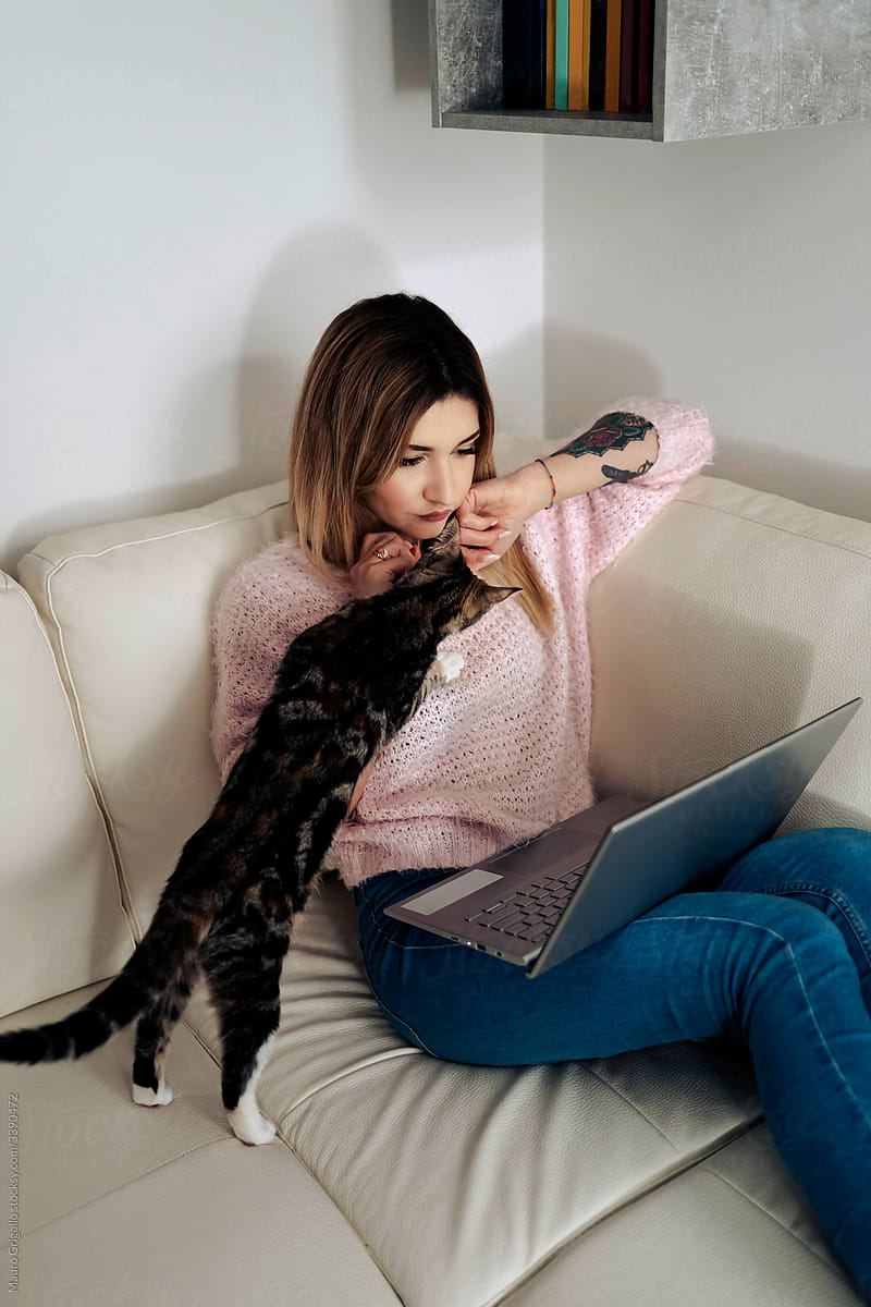 Woman working on the laptop with the cat
