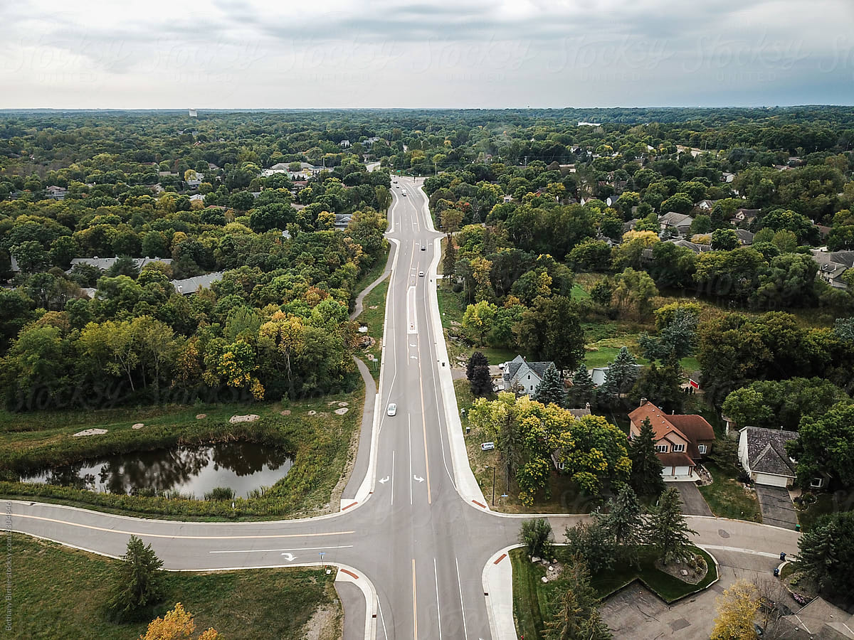 Aerial view of intersection in suburbs