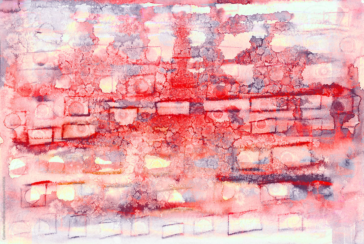 Watercolor abstract in red and grey with rectangular detail & texture