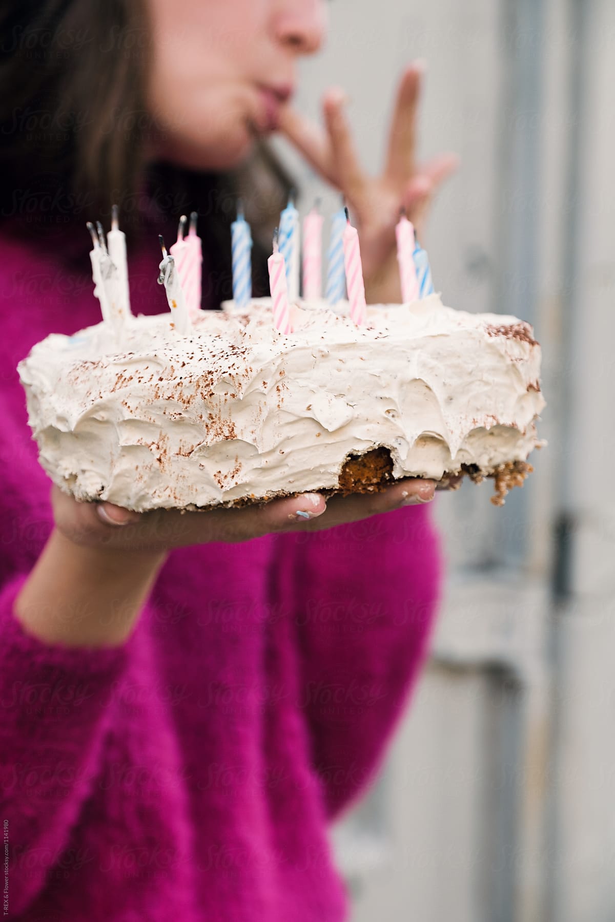 Birthday Cake With Candles Girl Licking Her Finger On Background By