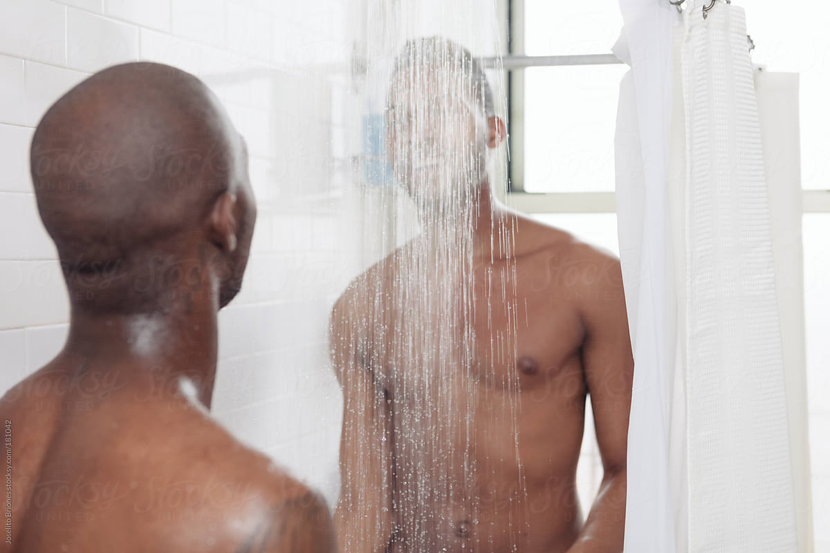 Gay Black Men Couple Having Fun Taking Shower Together. 