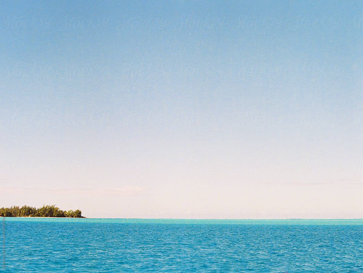 Film photo in Tahiti with blue and turquoise water and ocean and bright colored flowers