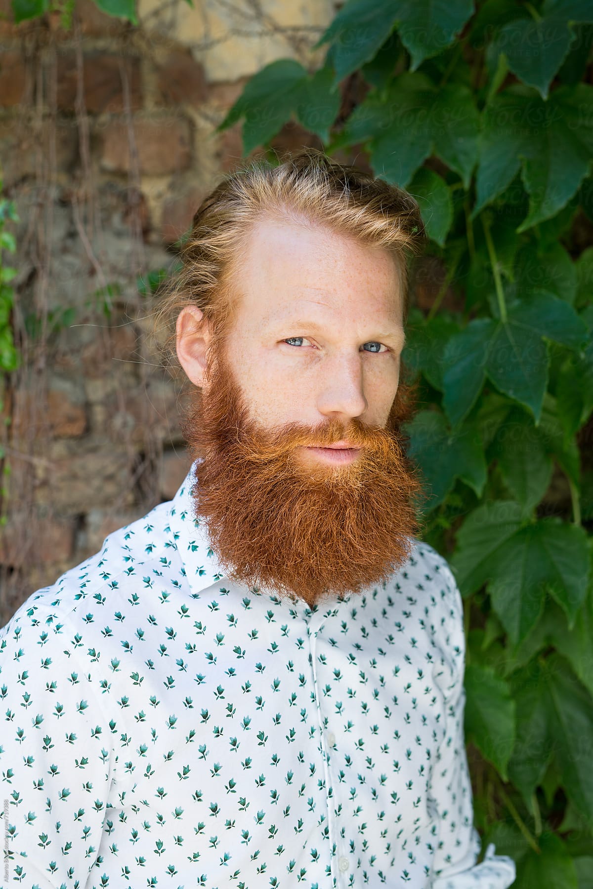 Man with long red beard portrait against brik wall