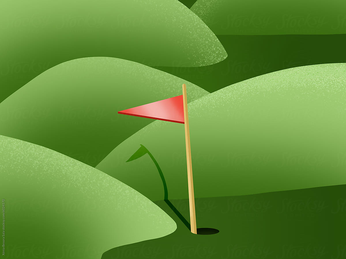 Illustration of golf course with hole and flag