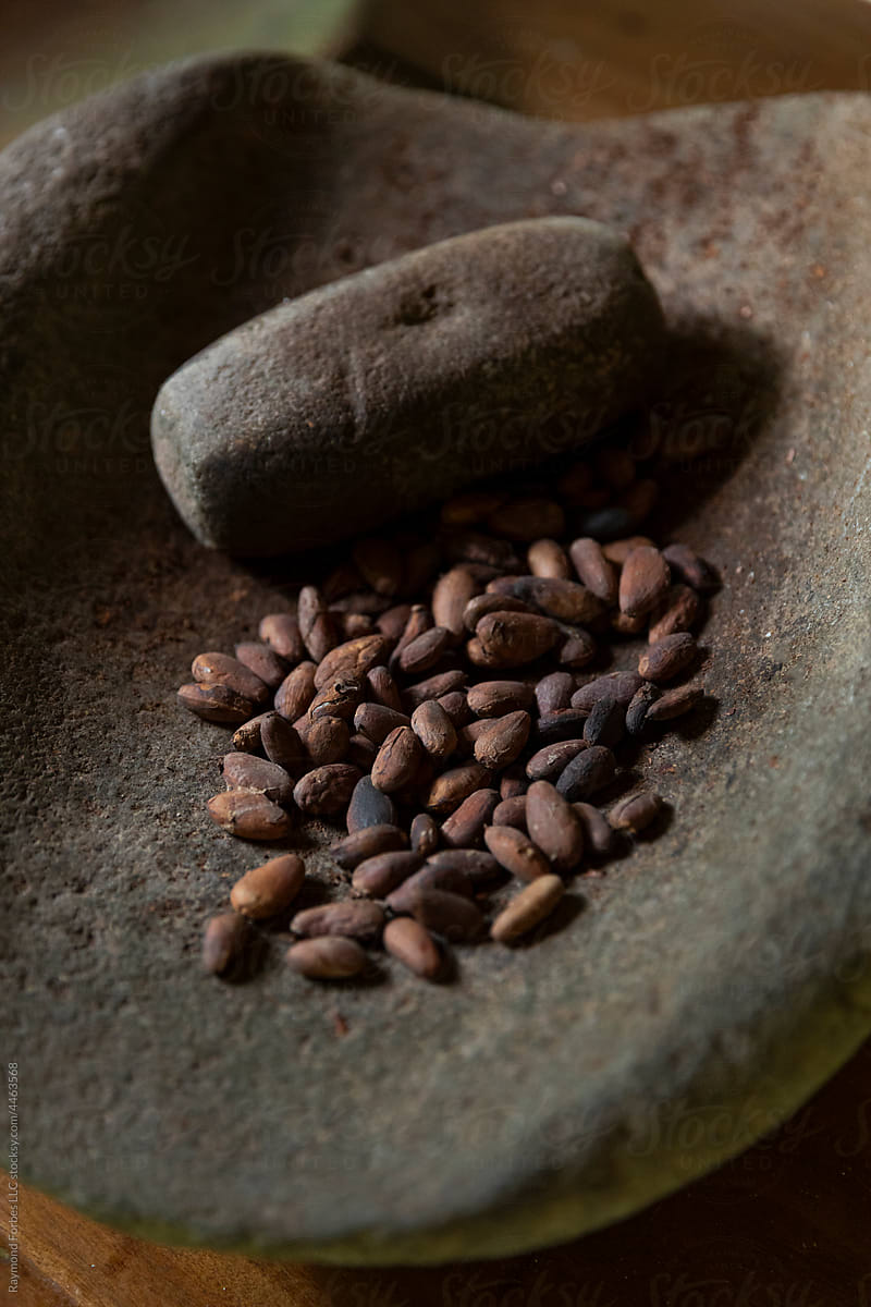 Cocoa with cacao Seeds and stone grinder