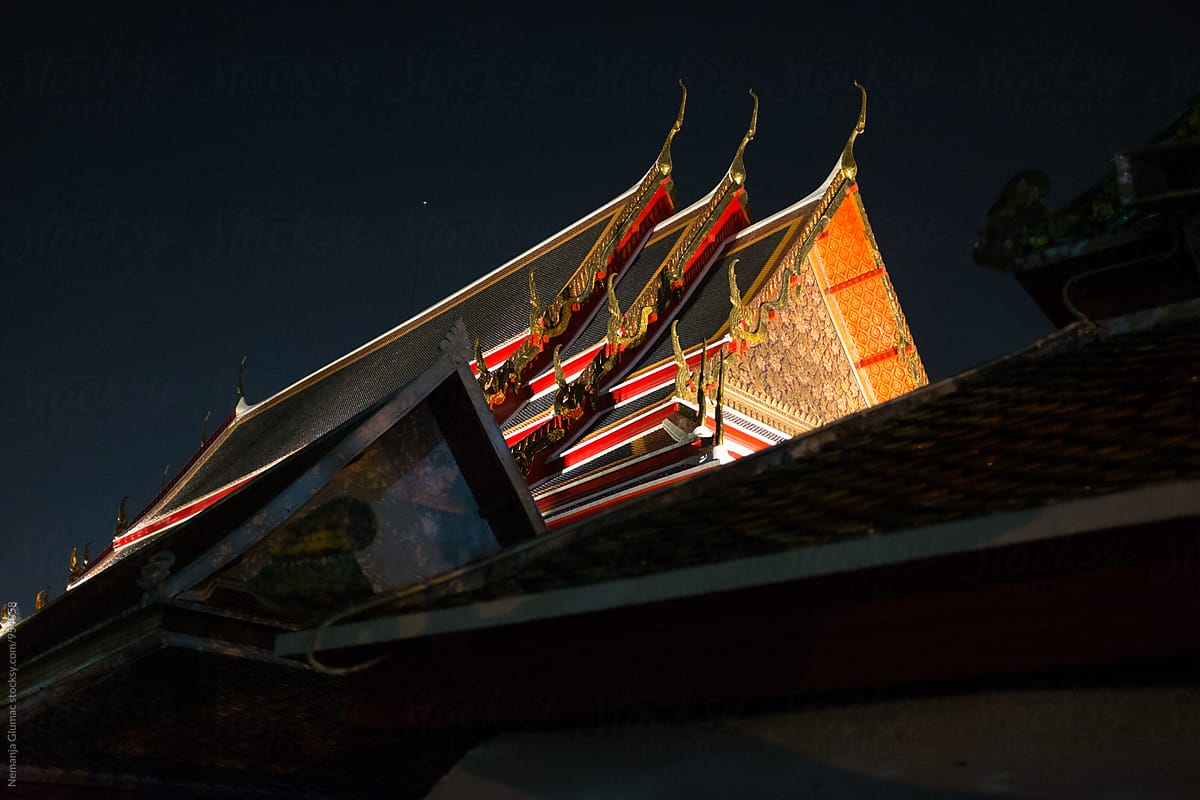 Thai Buddhist Temple Roof at Night