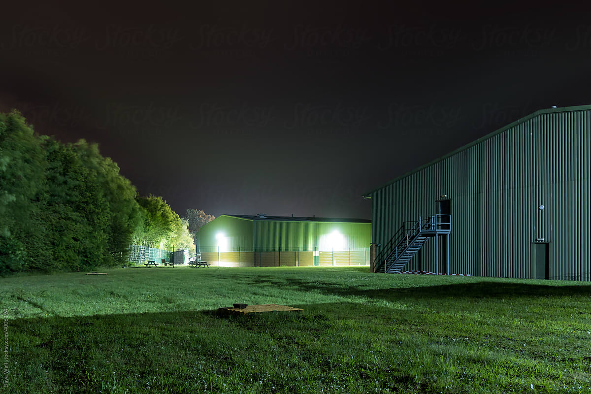 A minimal design of modern factory buildings at night